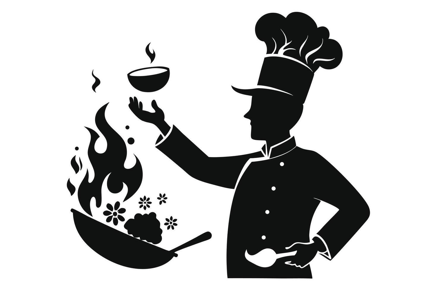 Chef Cooking With Wok In Silhouette vector