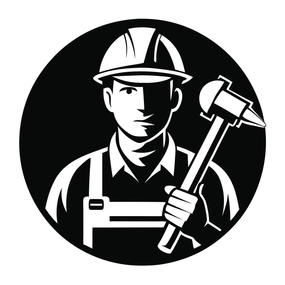 Silhouette Of Construction Worker Holding Hammer vector