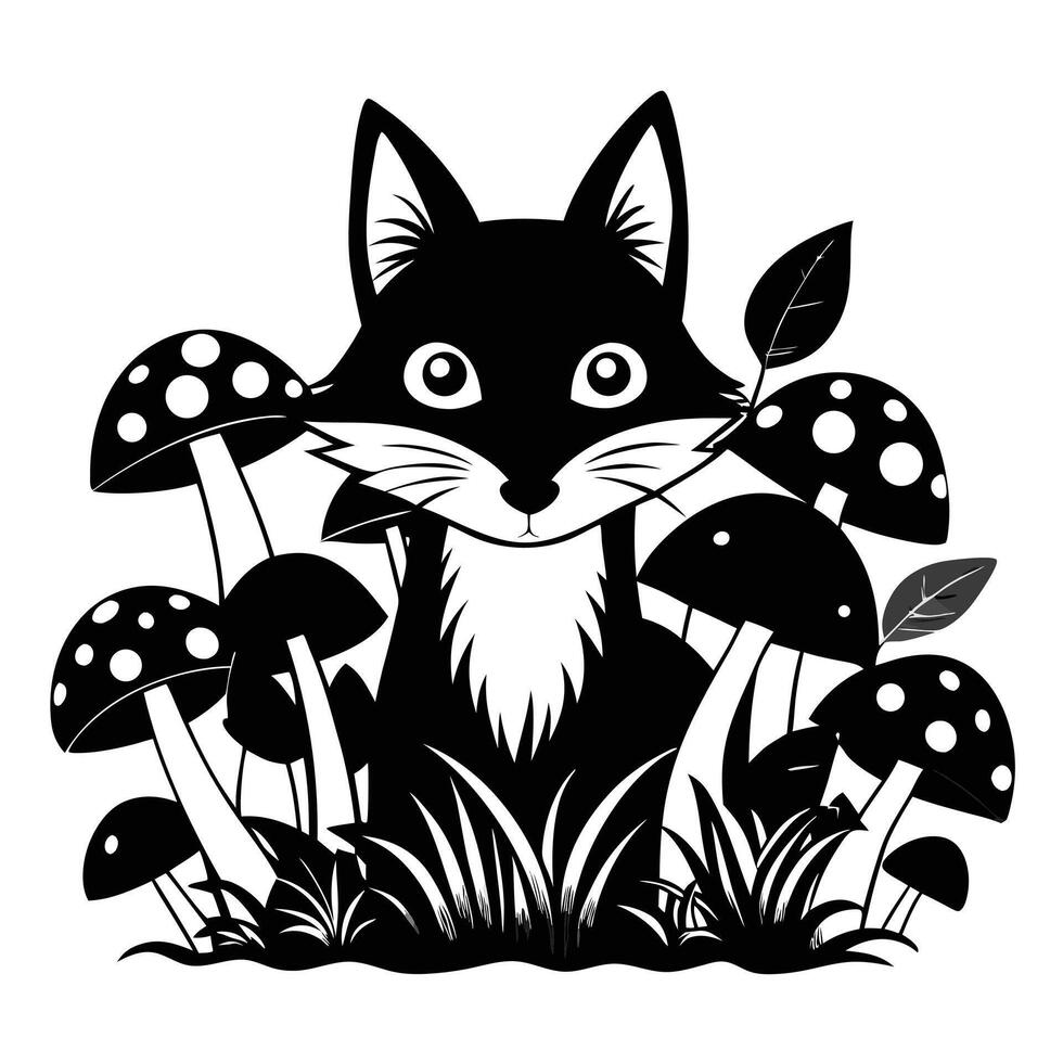 Fox Surrounded By Mushrooms Black And White vector