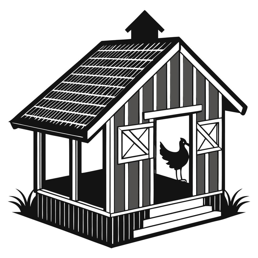 Chicken In Coop Monochrome Illustration vector