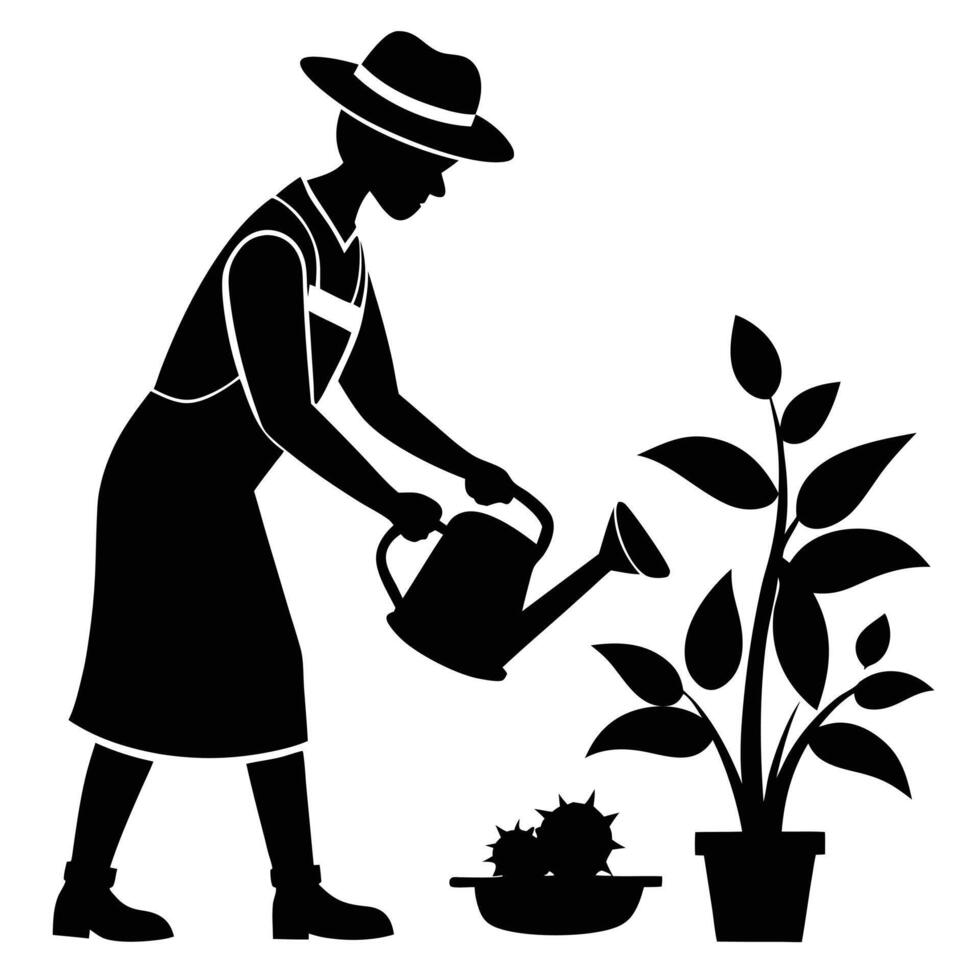 Woman Waters Plants In Garden Silhouette vector