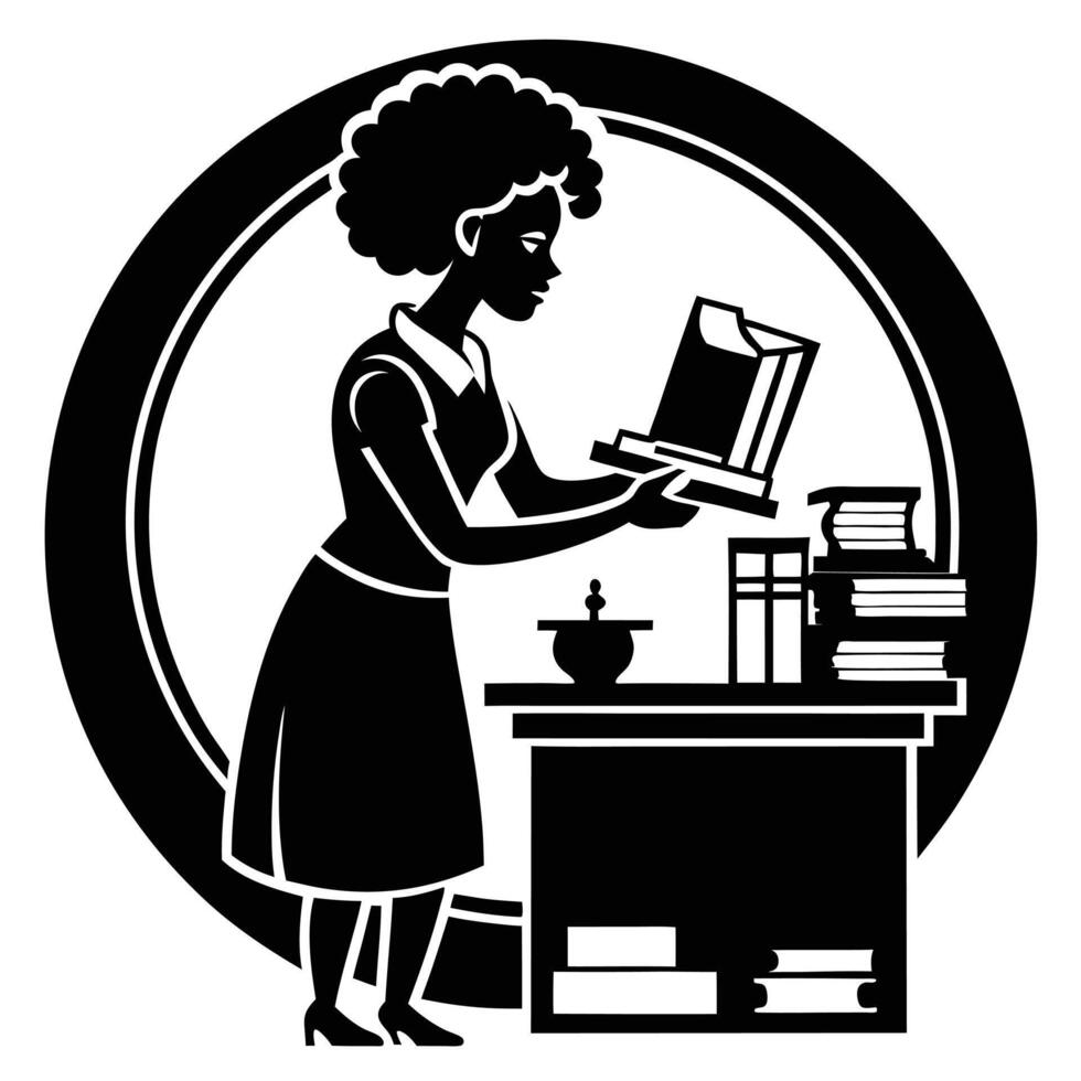 Librarian Organizing Book At Library vector