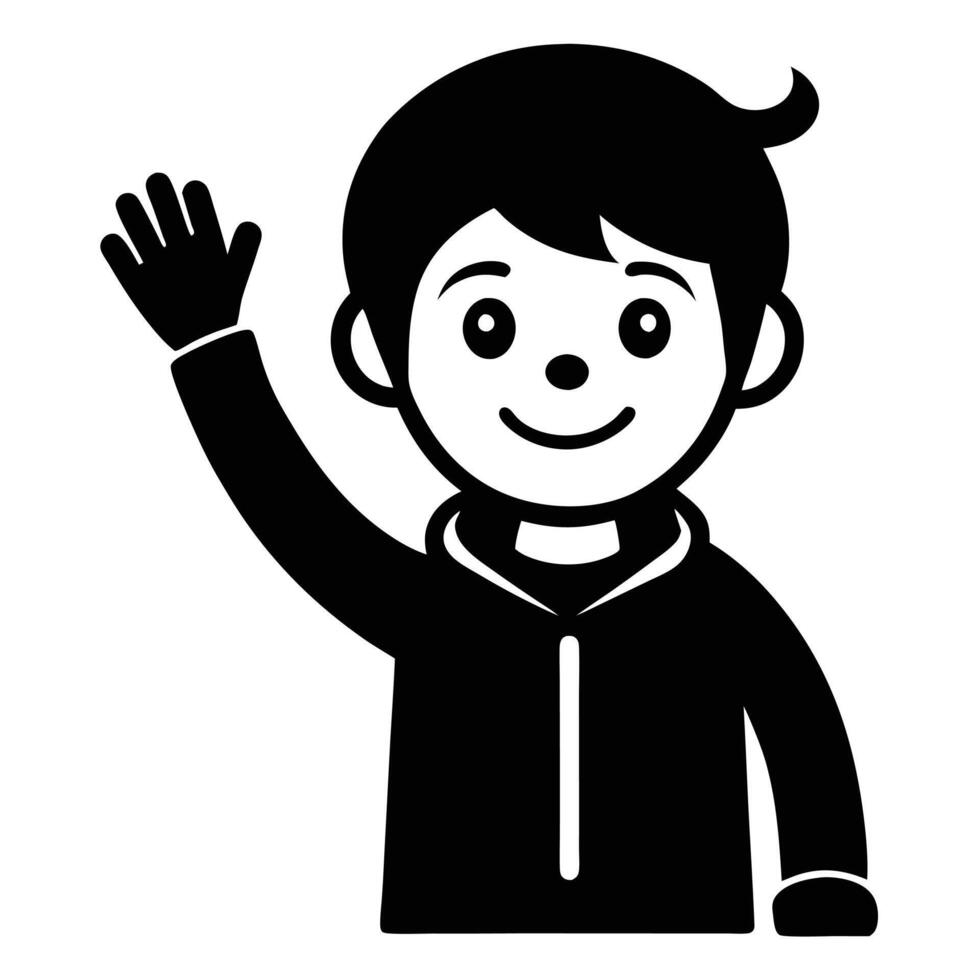 Cartoon Boy Waving Black And White vector