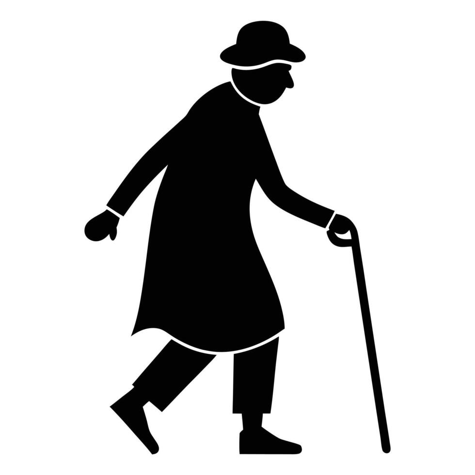 Senior Woman With Walking Stick Silhouette vector