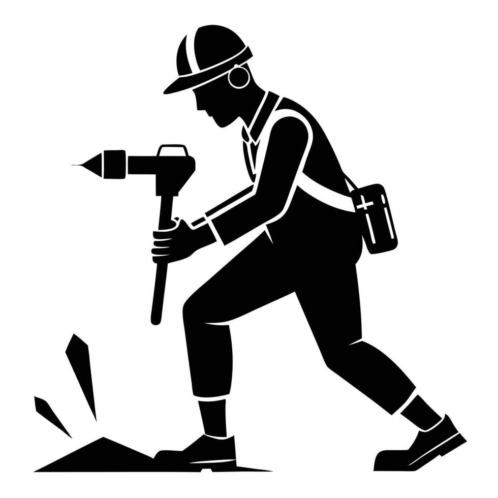Construction Worker Using Jackhammer Silhouette vector