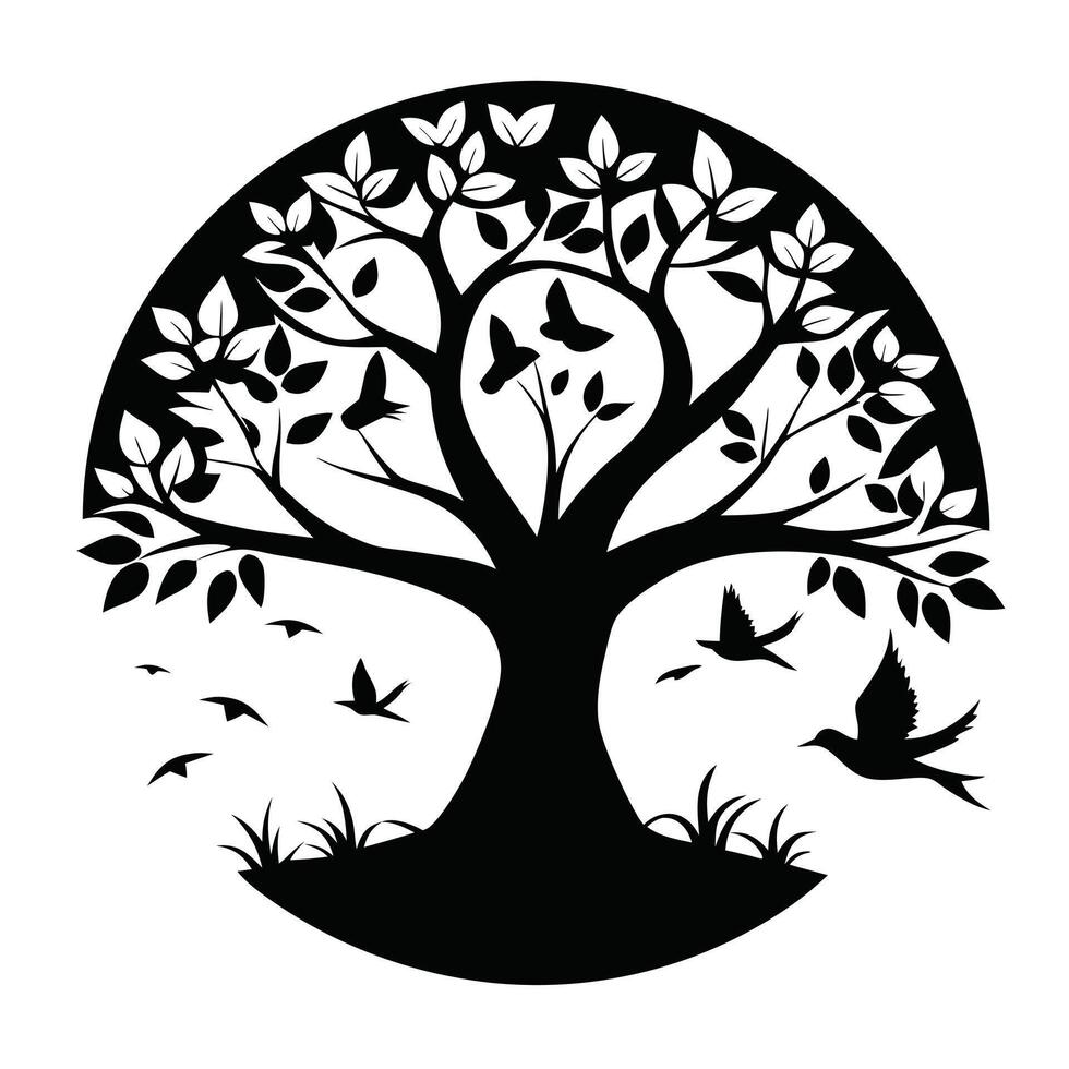 Black And White Tree With Birds vector