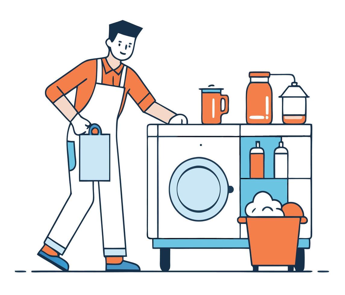 Smiling man with apron and bag stands by cleaning supplies trolley in a bright illustration vector