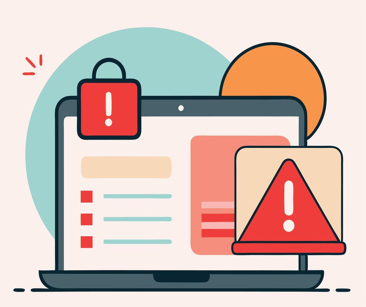 A red padlock with an exclamation point sits atop a laptop with warning triangle vector