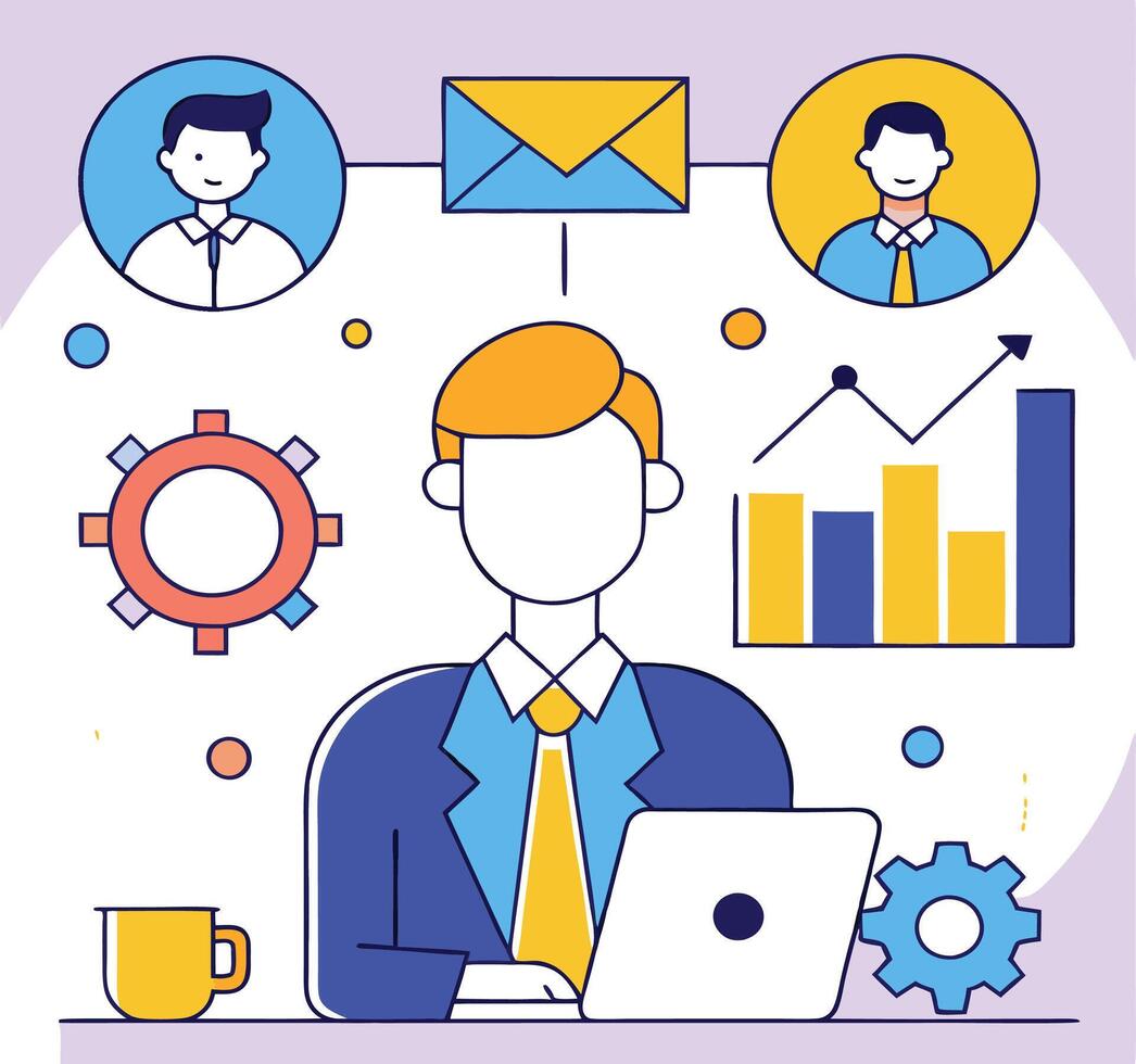 Faceless man in suit uses laptop and is connected to other professionals vector