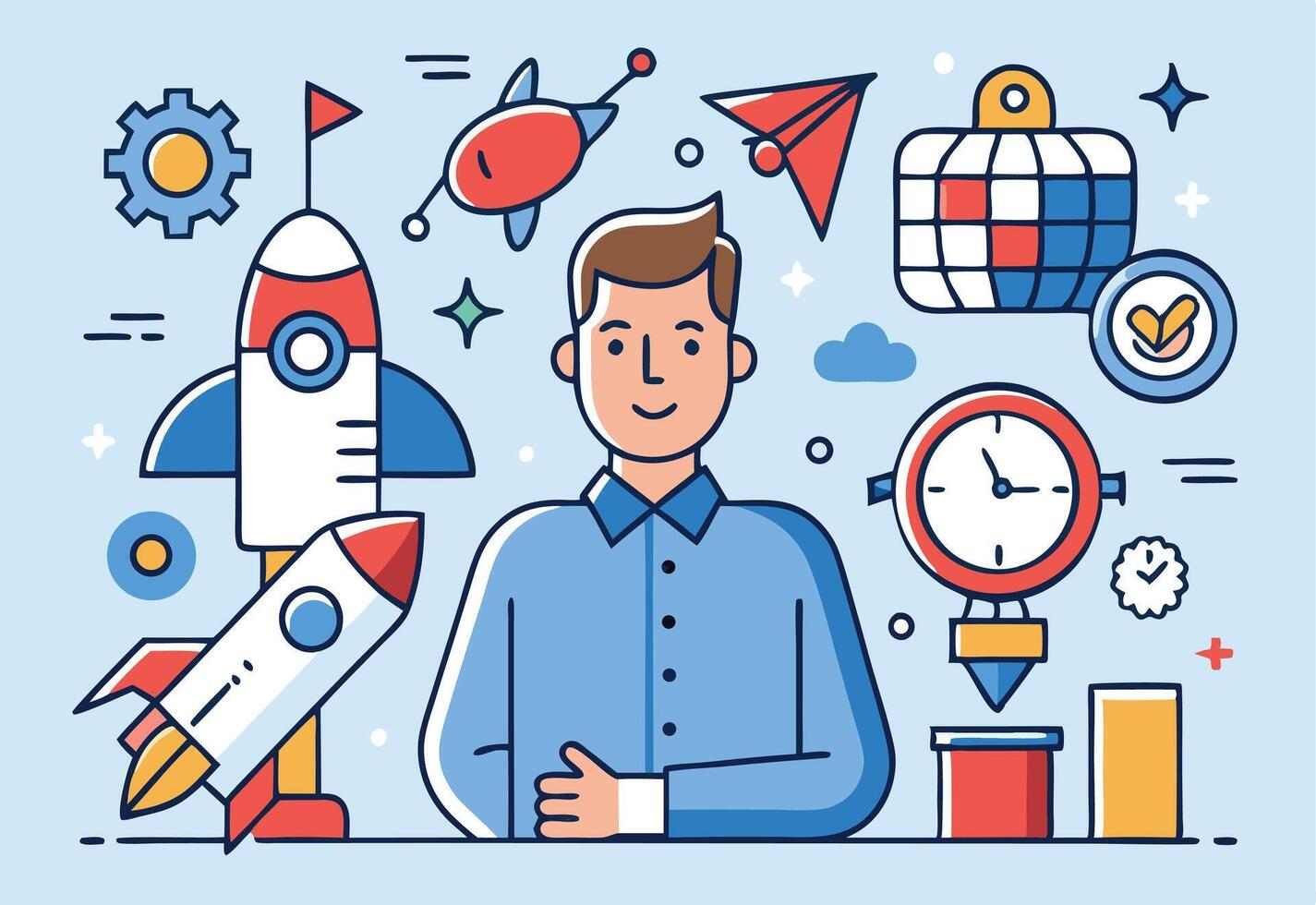 A Caucasian man stands among colorful rockets, spaceships, and icons on a light blue backdrop vector