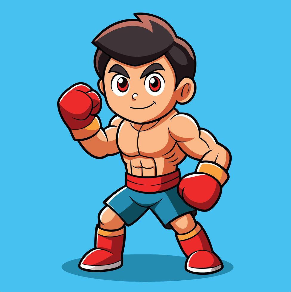 Cartoon athletic boy boxer with determined expression wearing boxing gloves stands ready against a light blue backdrop vector