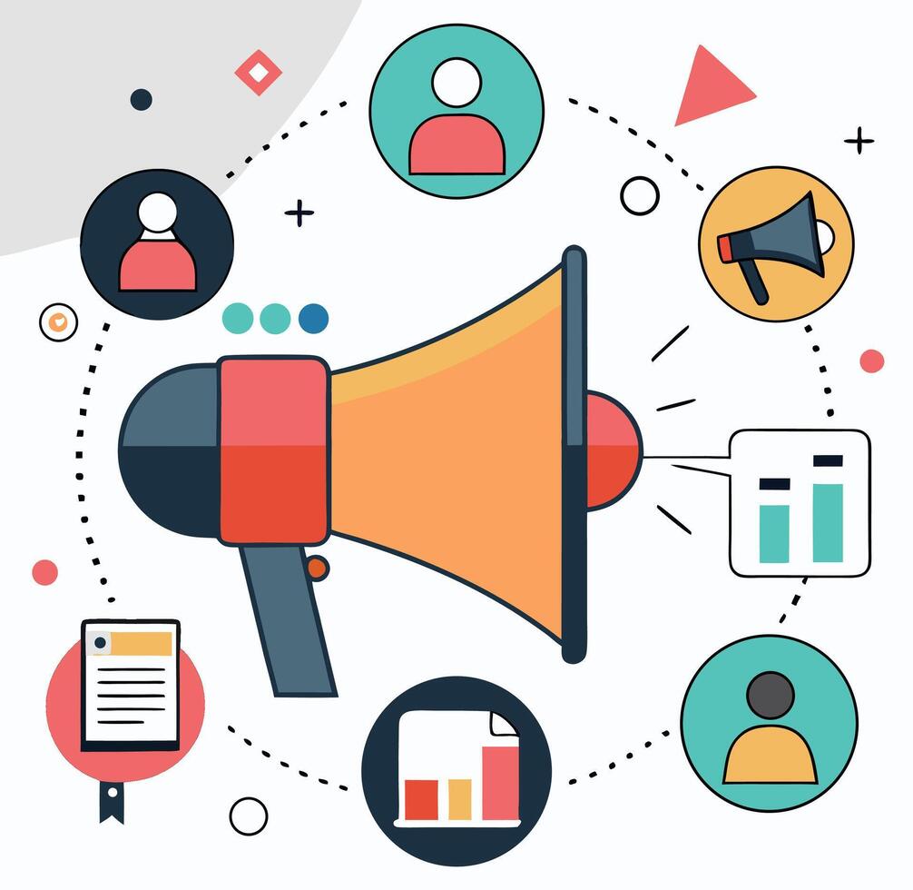 Colorful megaphone amplifies data charts, reports, and avatar icons against a white background vector