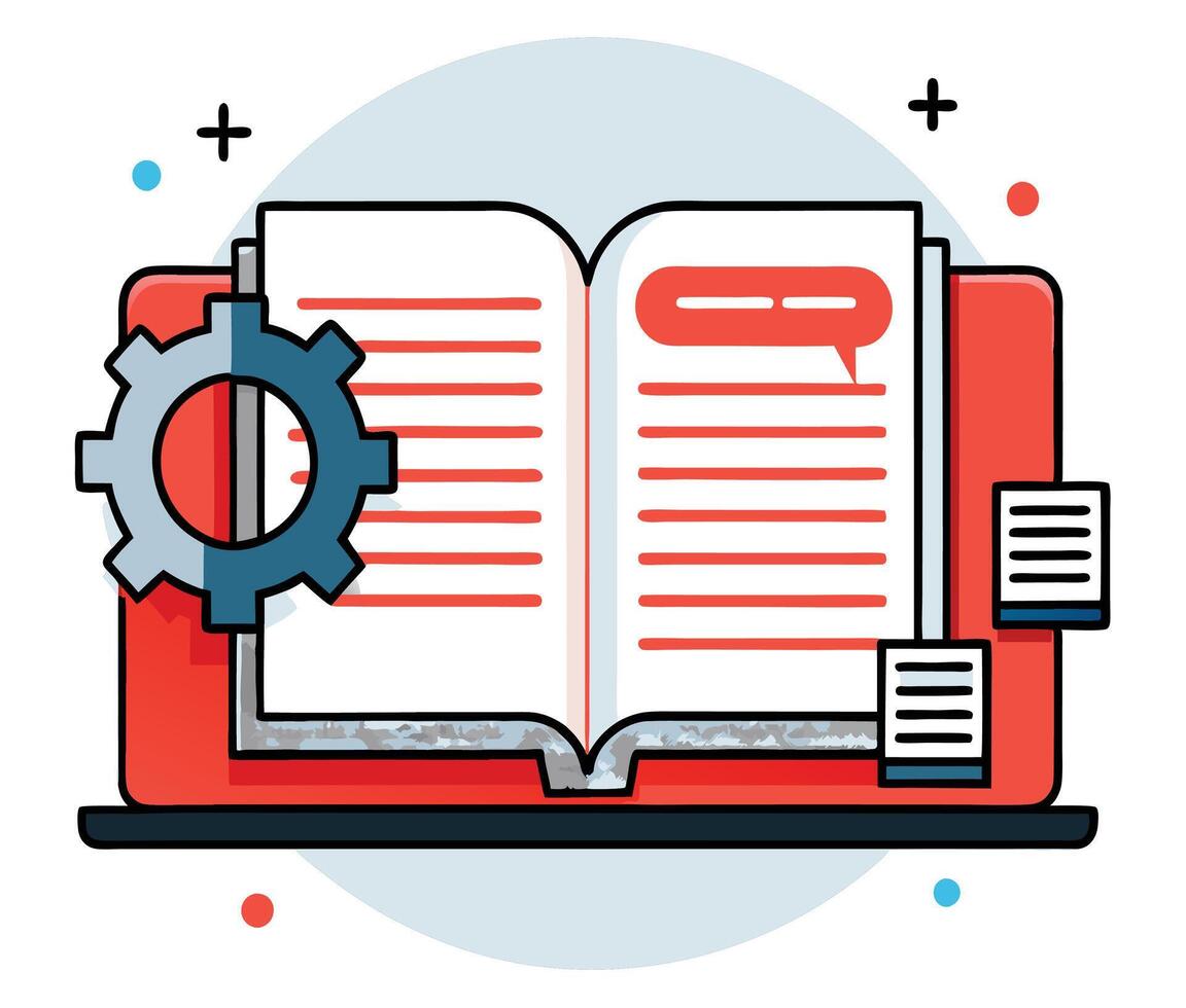 Open textbook with blue gear, red message bubble, and sticky notes presented on a white background vector