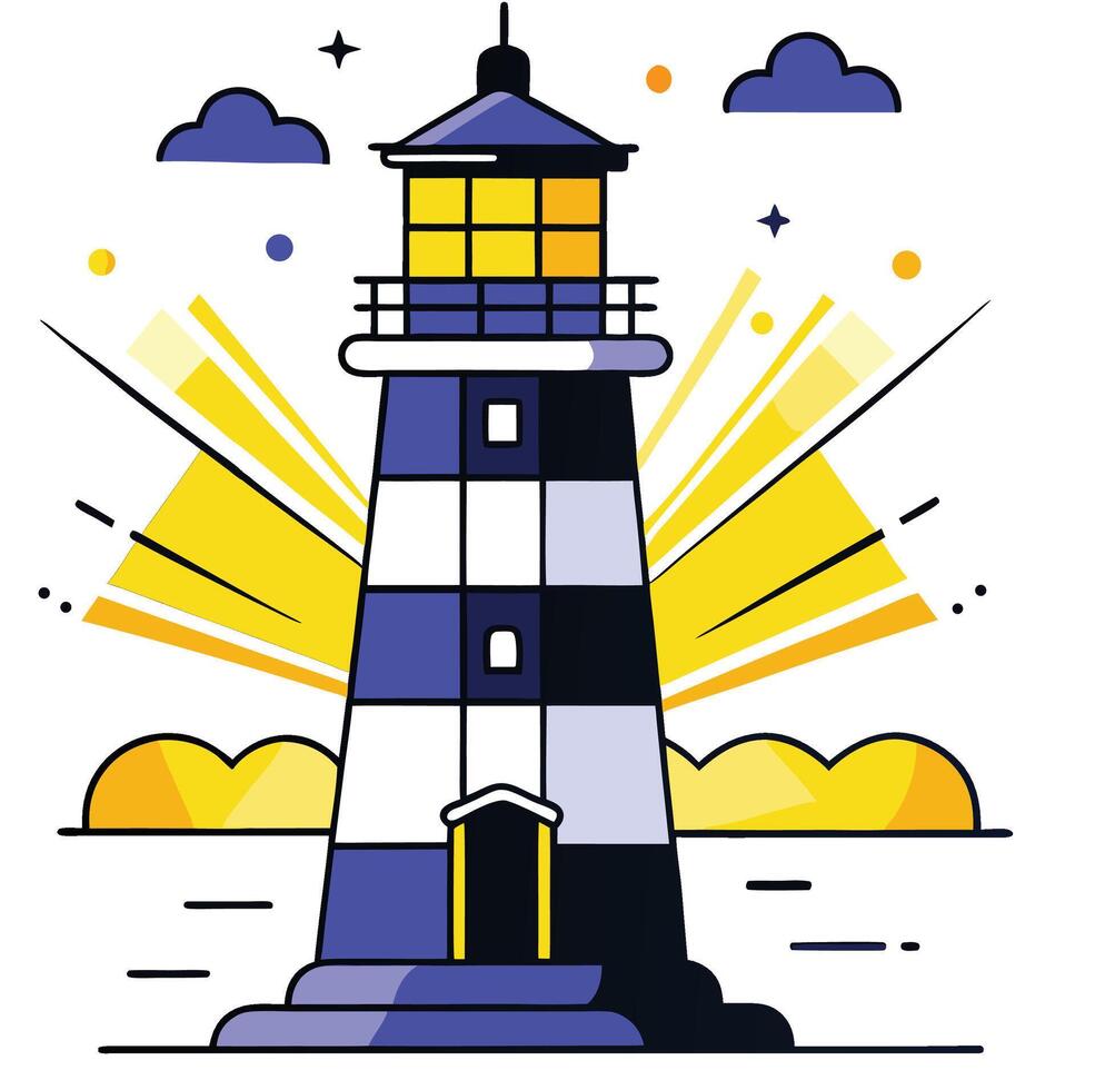 A striped lighthouse stands tall amidst celestial skies with radiating beams, presented on a white background vector