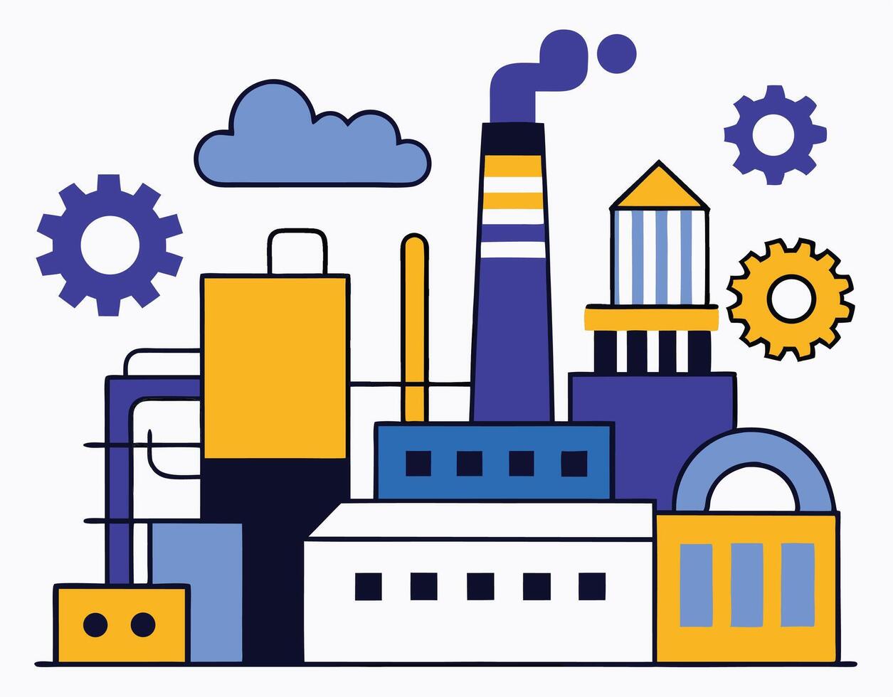 Colorful cartoon industrial building has blue clouds and gears floating nearby, on white vector