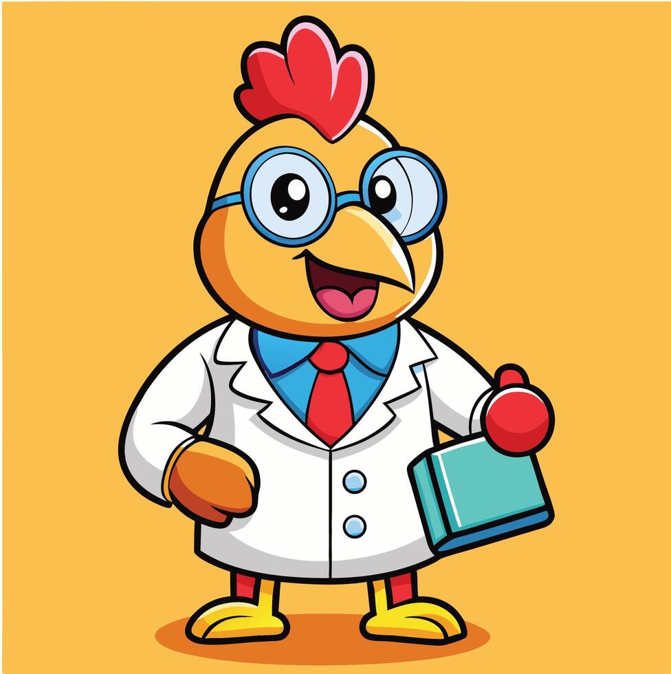 Cheerful yellow chicken cartoon character wearing glasses and a lab coat is holding files vector