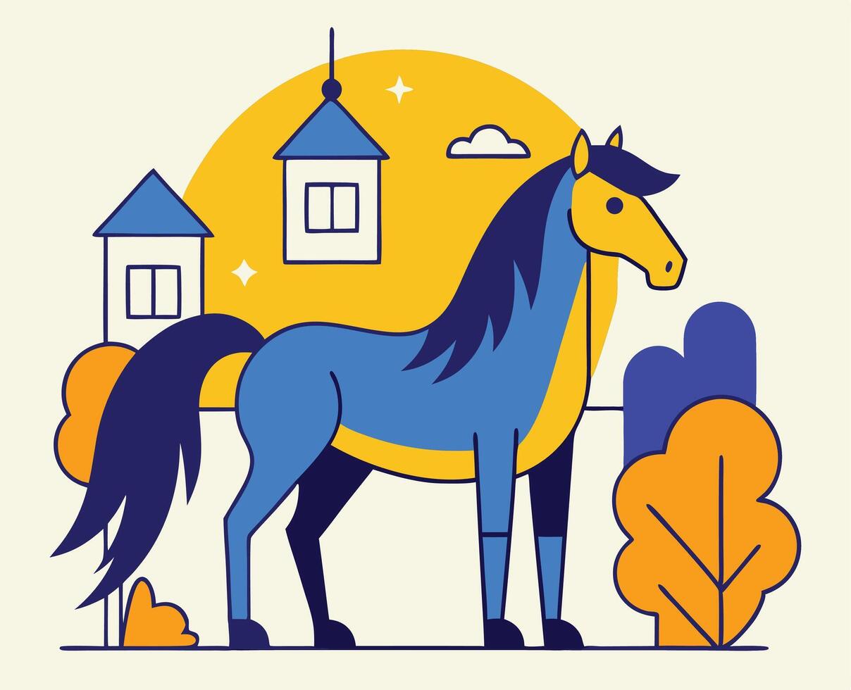 Blue horse gazes serenely among stylized houses and trees under a radiant yellow sun vector
