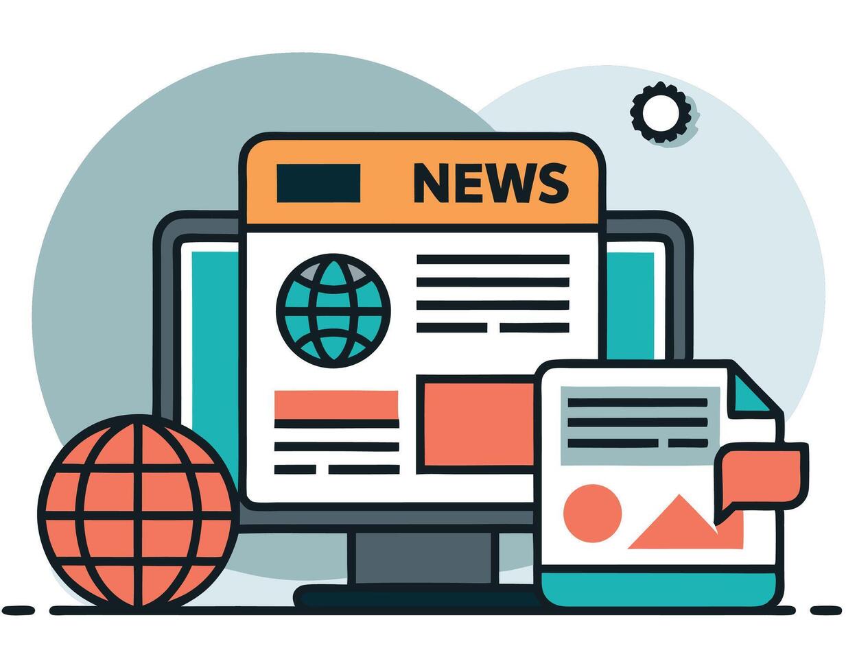 Computer screen showing news with globe, accompanied by a sphere and document displaying visuals vector