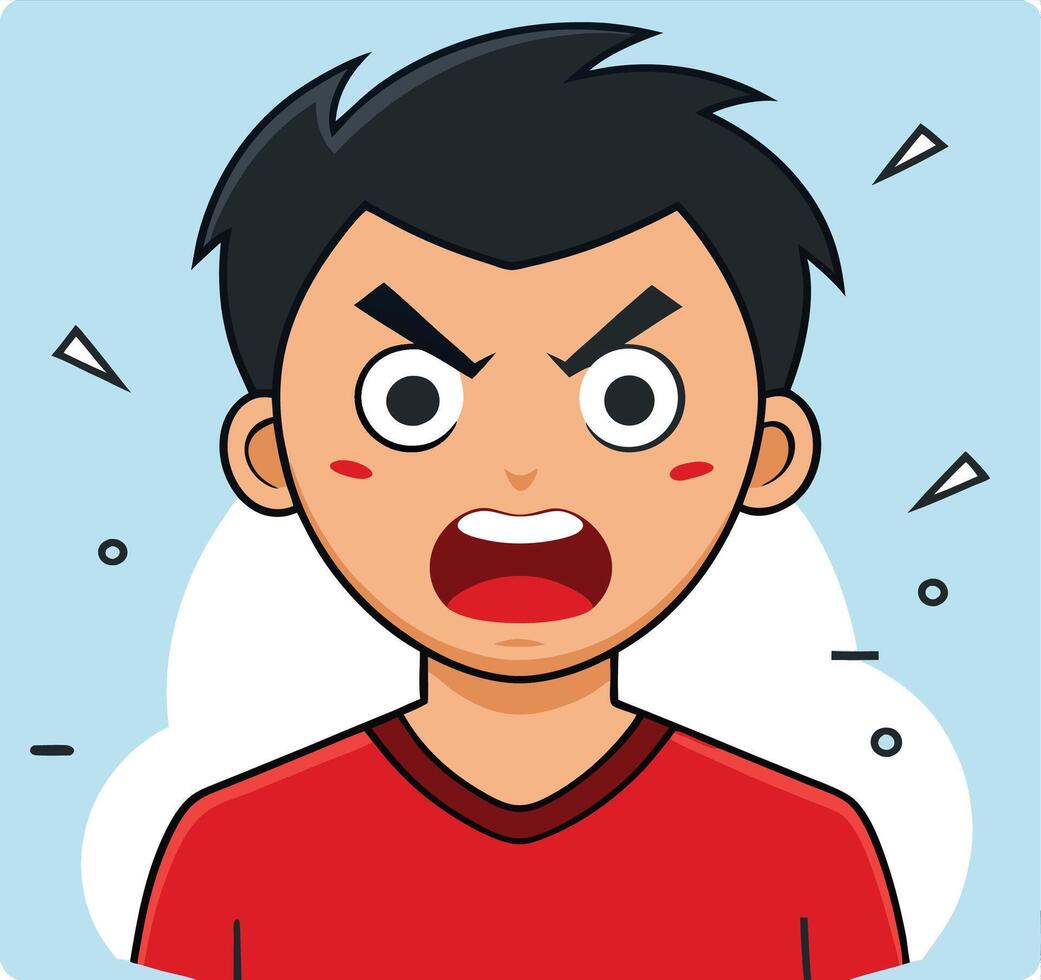 Furious young character screams with anger and frustration against a blue background creating tension vector