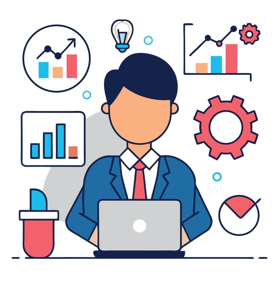 Cartoon businessman analyzes graphs and data on laptop, with lightbulb above him vector