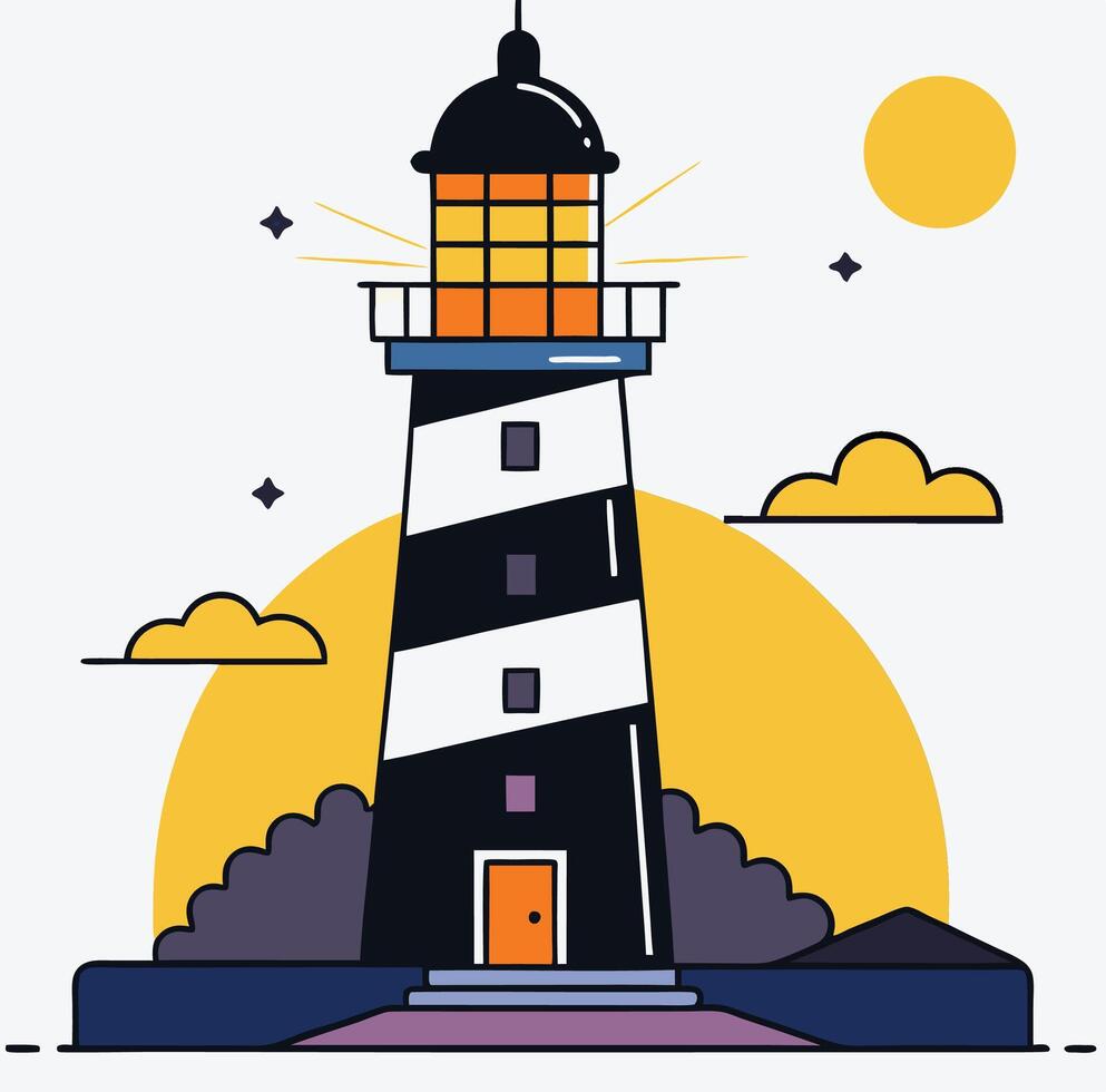 Animated lighthouse standing tall against a bright yellow sun and scattered black stars vector