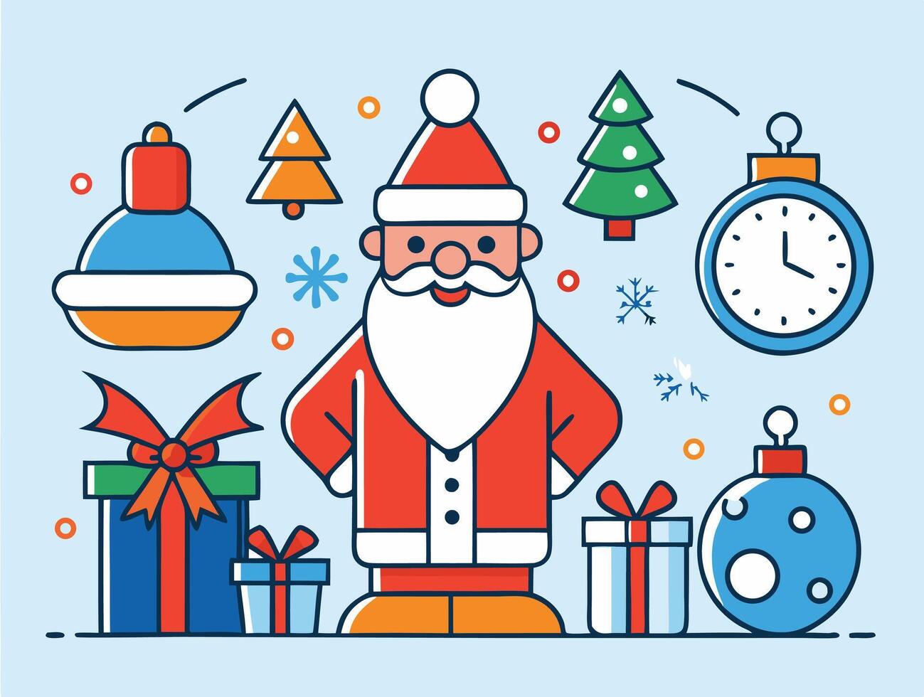 Cheerful Santa Claus surrounded by gifts, ornaments, snowflakes, Christmas trees, and clock on blue vector