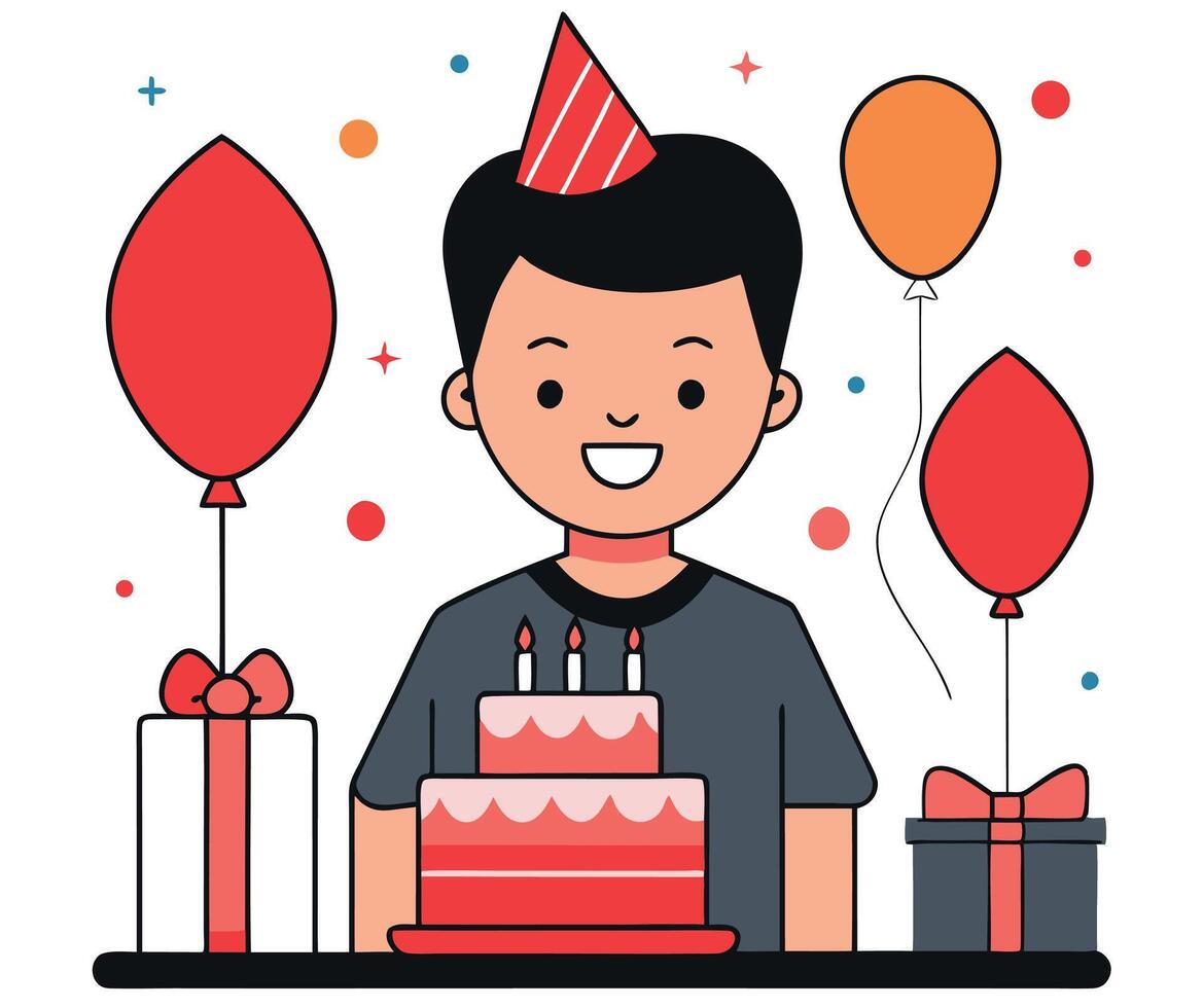 Smiling boy with party hat stands before birthday cake and gifts against white vector