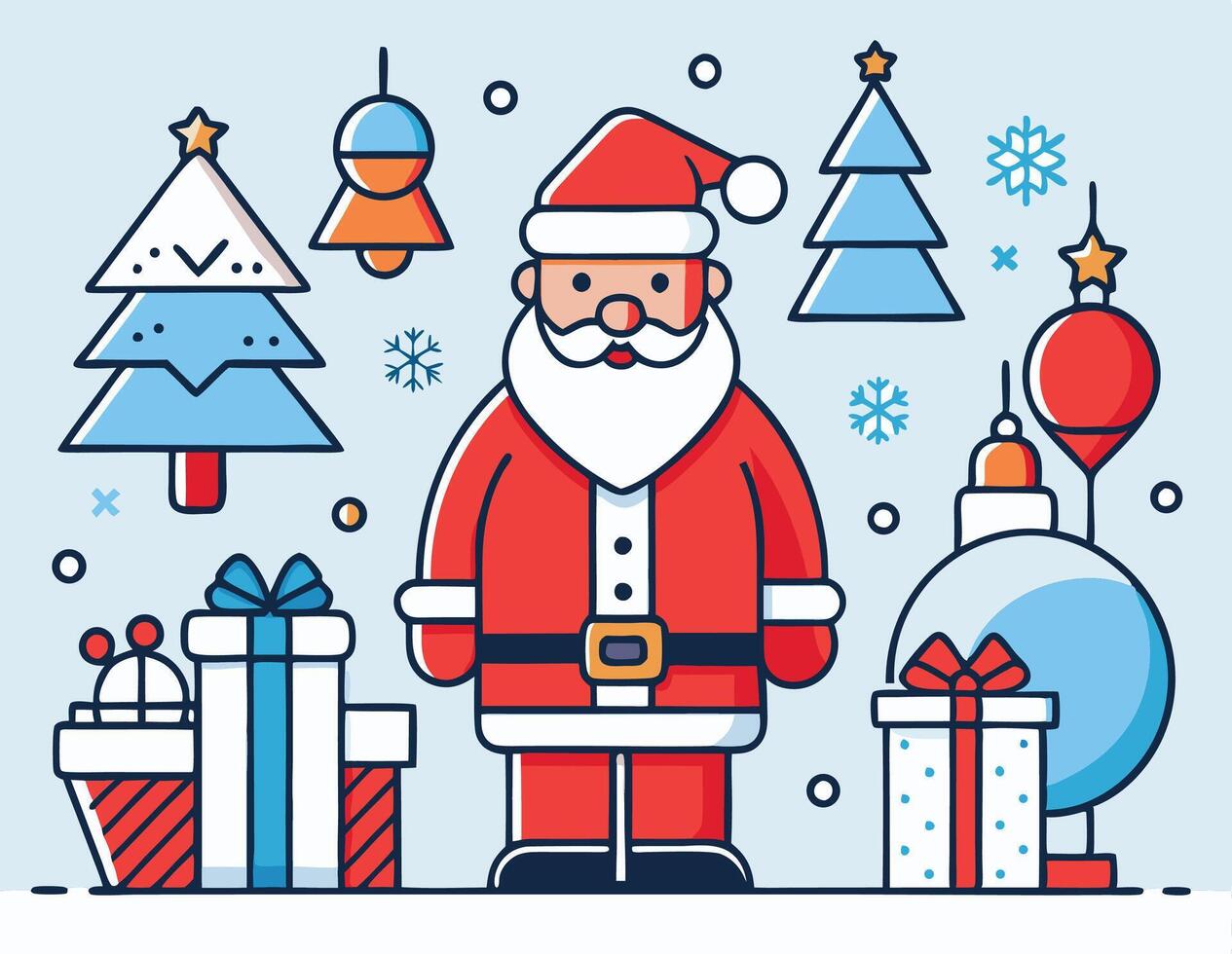 Cartoon Santa Claus stands amidst Christmas trees, snowflake ornaments, and gifts against a light backdrop vector