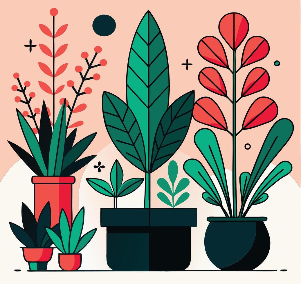 Several potted plants display stylized leaves and vibrant colors against a light background vector