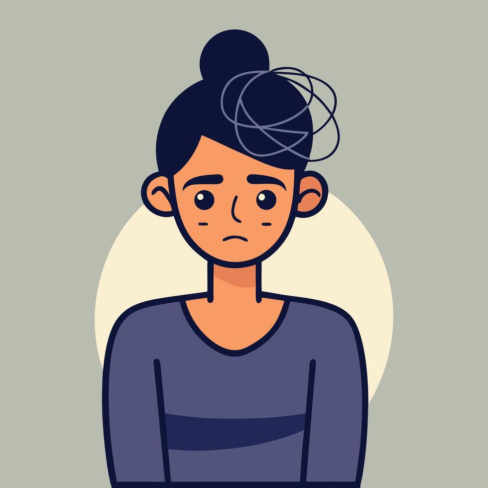 A young woman with tangled thoughts looks sad against a muted backdrop vector