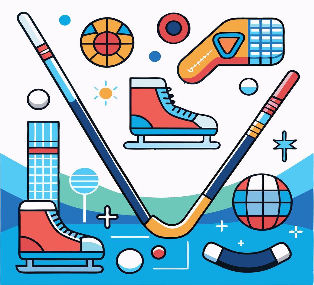 Two hockey sticks and vibrant winter gear create a dynamic, colorful composition vector