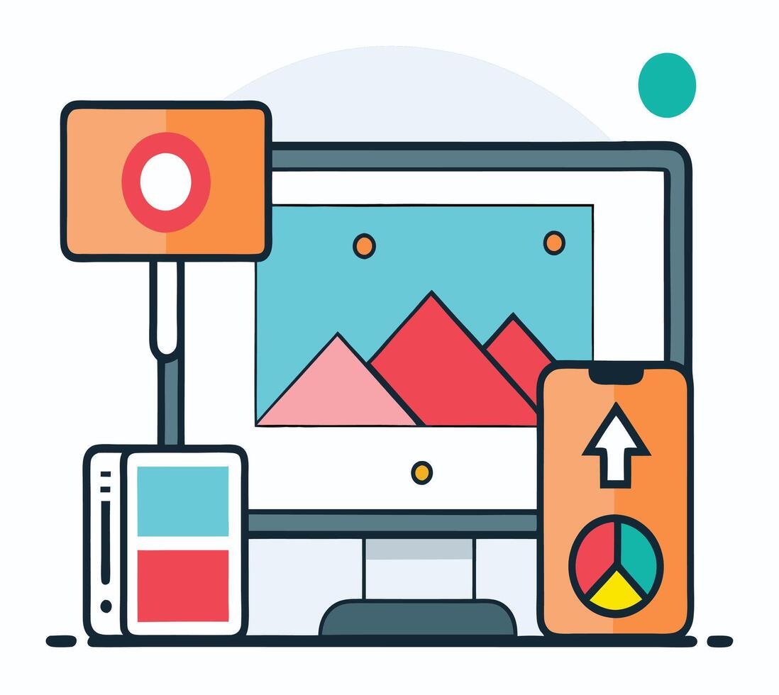 Desktop monitor displays mountains as a smartphone shows pie chart vector