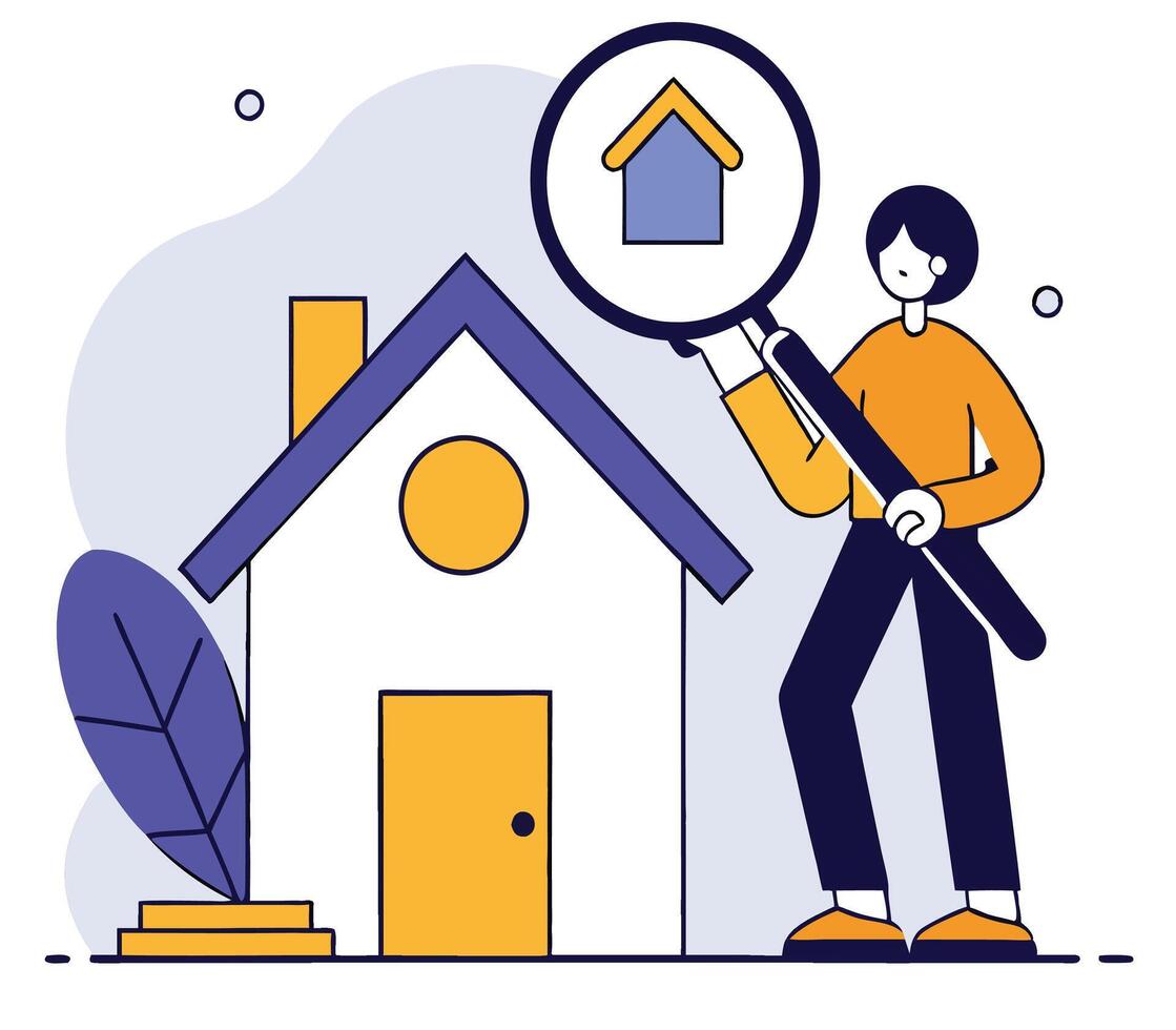Flat styled girl is examining a house with magnifying glass, on white vector