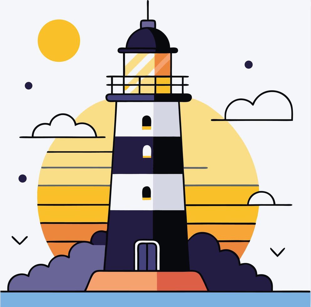 Lighthouse stands tall with a colorful sunset backdrop providing a scenic and calming visual vector