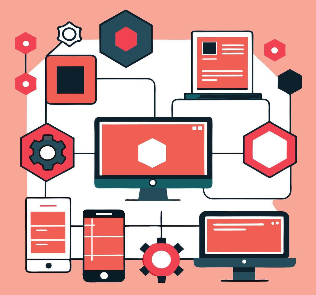 Geometric device network connects phones, computers, and abstract shapes with simple outlines on a pink background vector