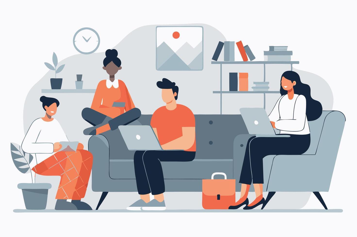 Diverse group on sofa uses laptops and tablet in a bright, modern space vector