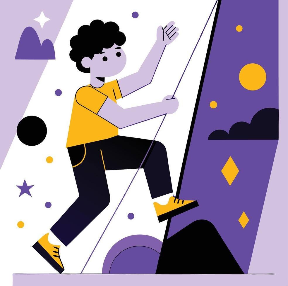 Young man with yellow shirt climbs a geometric mountain, showcasing strength and adventure vector