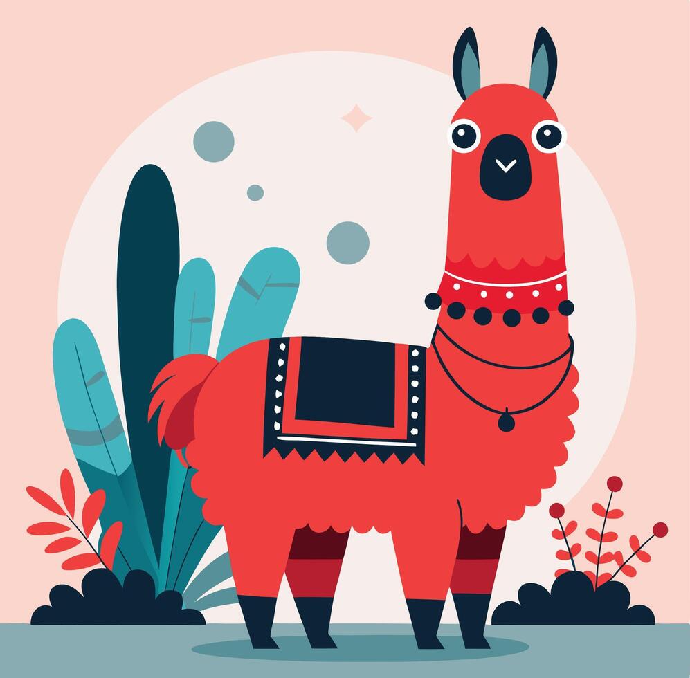Red llama with necklace stands by stylized plants and dark bushes on light background vector