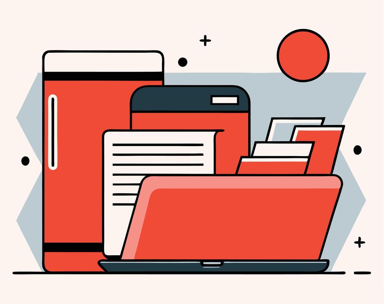 Stylized technology stack shows file folder, phone, monitor, and documents on light background vector