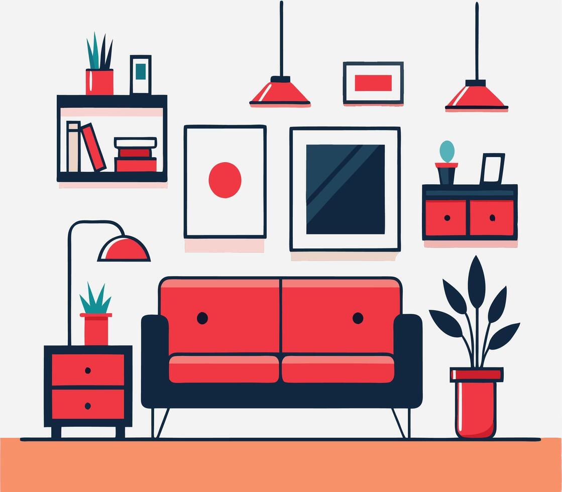 Stylish living room showcases a red sofa and vibrant decor with a minimalist background vector
