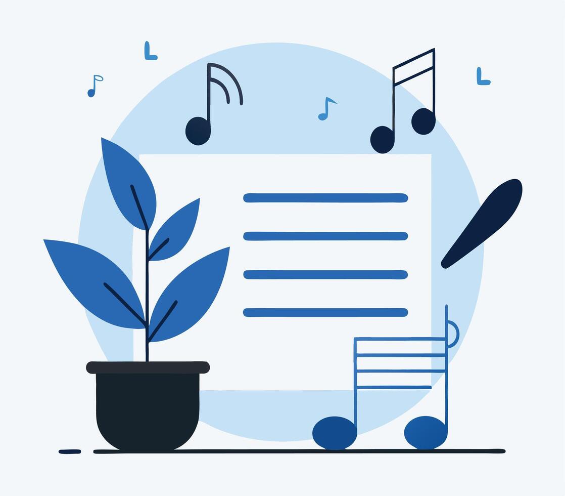 Potted plant, manuscript, musical notes are featured against a light blue and white background vector