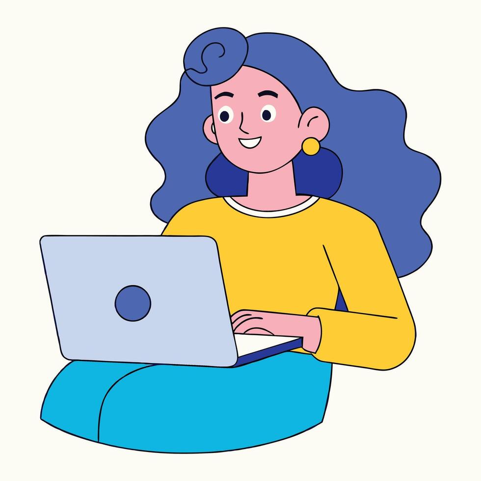 Smiling girl with blue hair enjoys typing on a laptop, isolated on white vector
