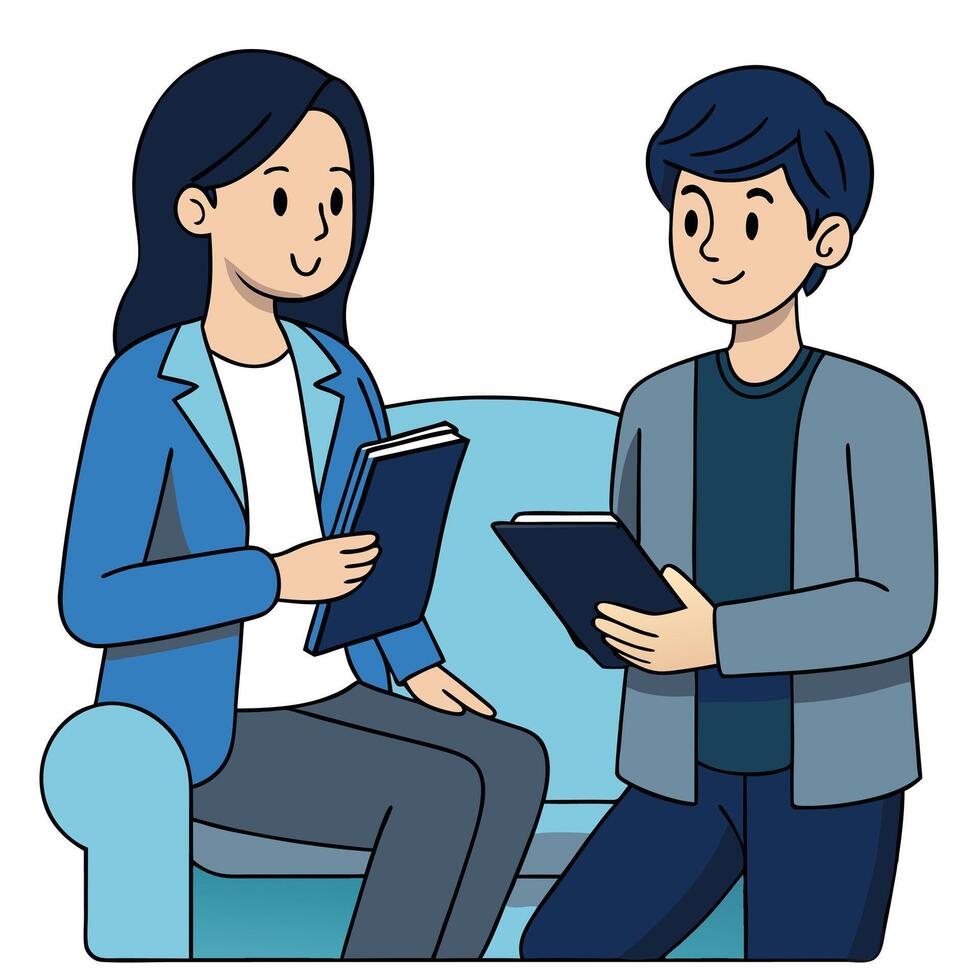 Two young colleagues review reports on a light blue couch, with transparent background vector