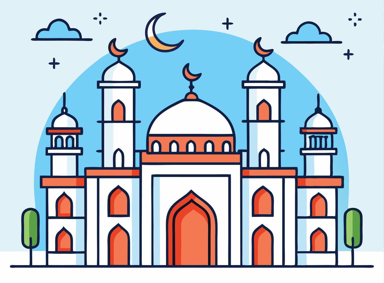 Outlined mosque stands under a crescent moon surrounded by clouds on a light blue background vector