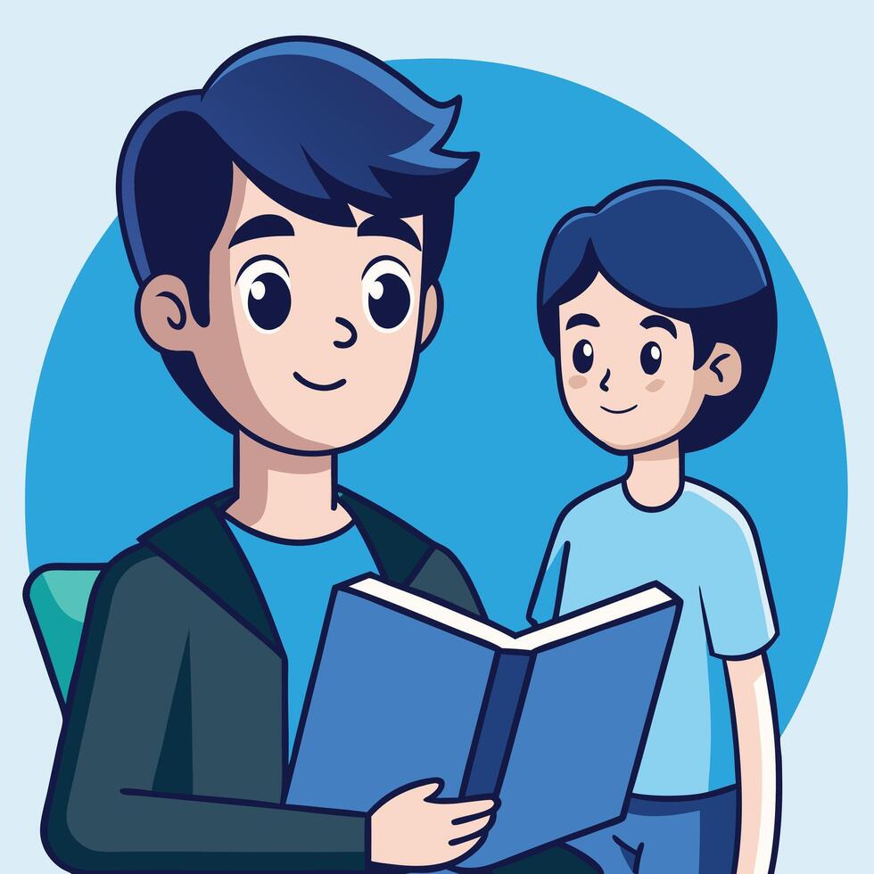 Smiling man reads a book with a young boy standing near, on blue background vector