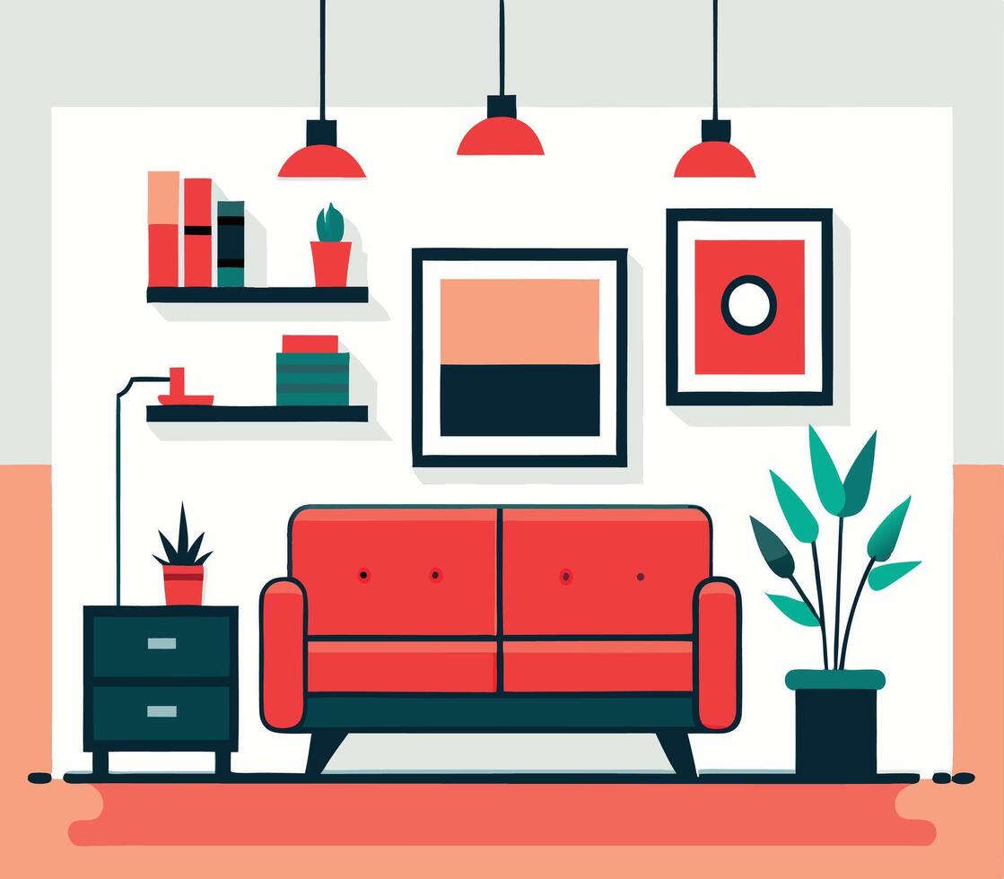 Modern interior reveals a stylish red couch, lamps, and botanical accents creating a cozy space vector