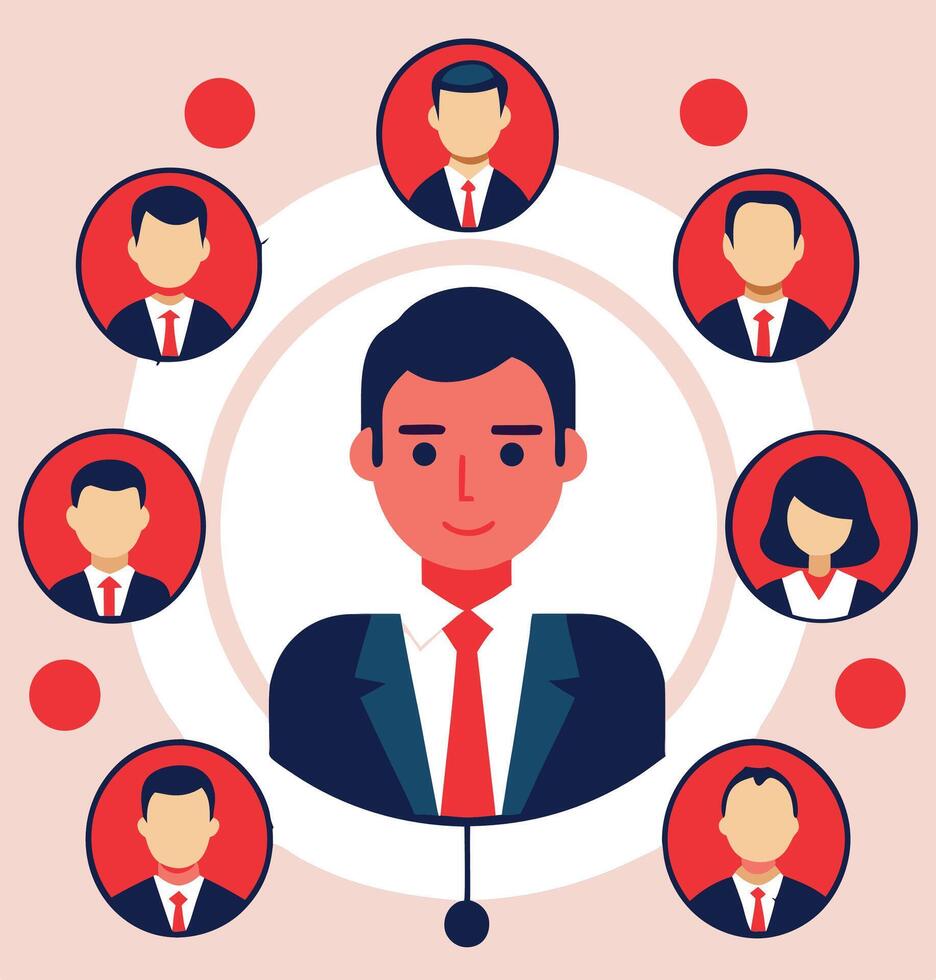 Centralized leader with seven faceless team members connects in a circular flow communication icon vector