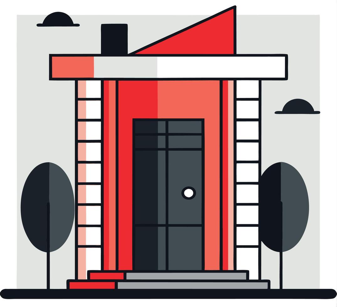 Red building showcases modern architectural lines and geometric shapes with minimalist trees surrounding it vector