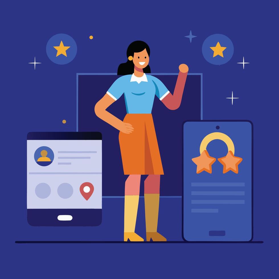 Animated brunette woman presents mobile applications with two stars on a blue background vector