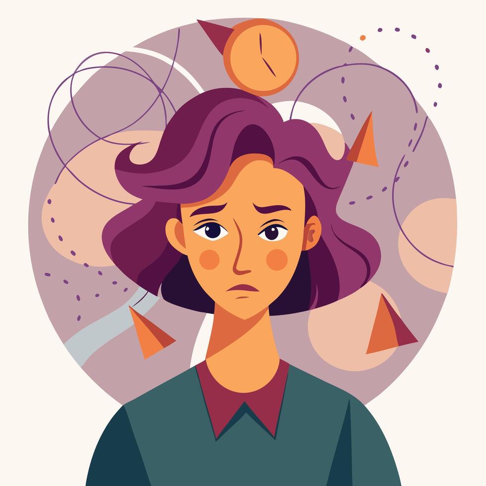 Anxious young woman surrounded by abstract shapes and time pressure shows mental strain vector